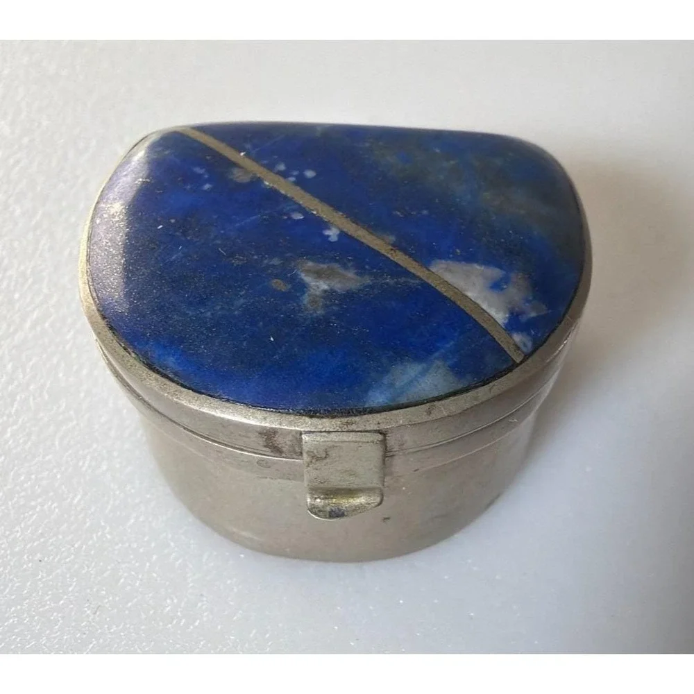 Lapis Lazuli Ring Pill Trinket Box Silver Metal Trim & Hinged Lid Pyrite Flecks